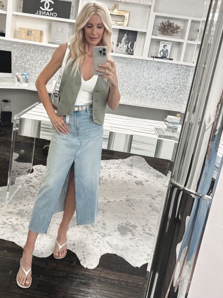 2 Trends in 1 Look - I am loving the way my denim skirt came together with this chic muted green vest from Mango.#liketkit #summeroutfit #sandals #countryconcertoutfit

#LTKfindsunder100 #LTKover40 #LTKstyletip