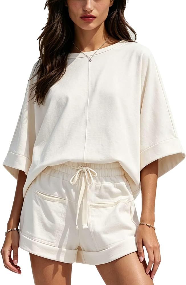 Zontroldy Womens Summer 2 Piece Short Set Oversized Top Relaxed Shorts Outfits Matching Sets with... | Amazon (US)