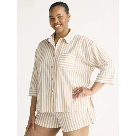 Joyspun Women’s Woven ¾ Sleeve Notch Collar Top and Boxer Shorts Pajama Set, Sizes XS-3X | Walmart (US)