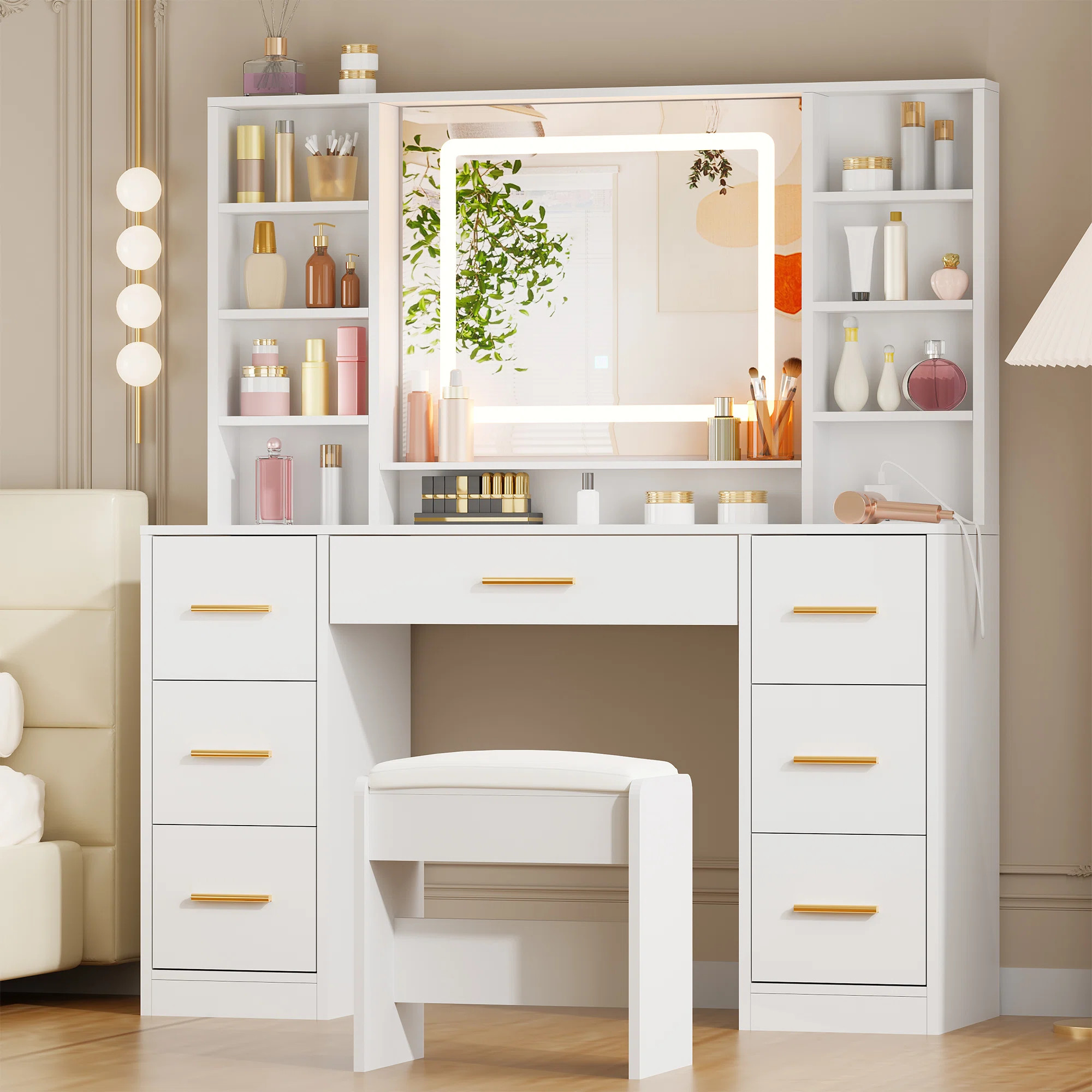 Adriel 39.4" Makeup Vanity With Led Lighted Mirror, 7 Drawers, Power Outletand And Stool | Wayfair North America
