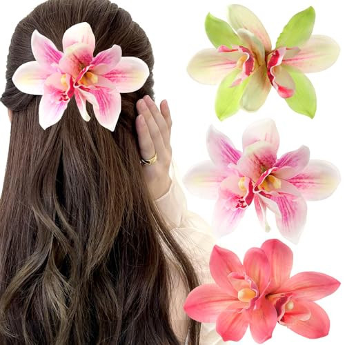 Qojai Orchid Hair Clip - 3 Pcs Floral Hair Clips for Women in Pink, Red, Green - Hair Pins for Thick or Thin Hair - Hair Accessories for Beach, Wedding, Party, Daily Use | Amazon (US)