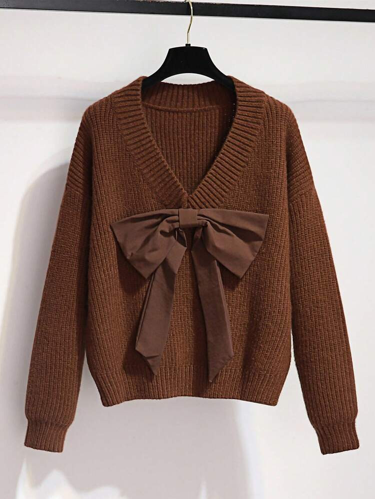 SHEIN Franclia Bow Knit Sweater, Casual Chic Maillard Coffee Color Top | SHEIN