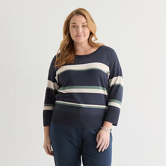 Liz Claiborne Plus Womens Crew Neck 3/4 Sleeve Striped Pullover Sweater | JCPenney