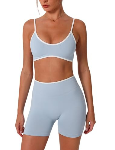 ABOCIW Two Piece Workout Sets for Women Seamless Color Block Sports Bra Scrunch Butt Lifting High Waist Shorts Gym Yoga Active Wear Pilates Outfits Work Out Clothes Blue X-Small | Amazon (US)
