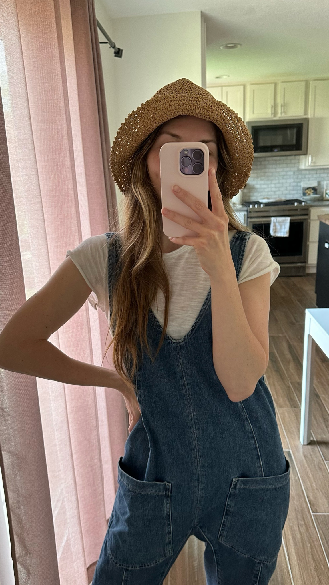 adorable bucket hat, cute flipped up a little like this or down! 

Spring outfit, mom outfit 