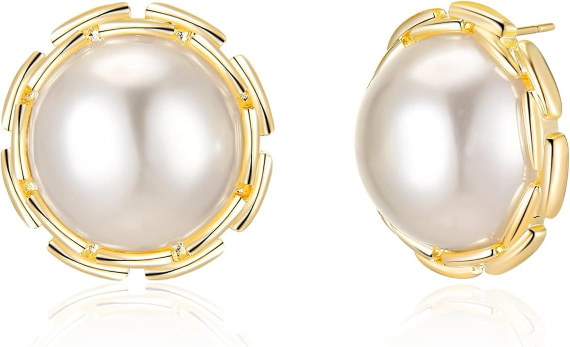 14K Gold Pearl Earrings for Women - Large Pearl Earrings Stud Hypoallergenic - Round White Handpi... | Amazon (US)