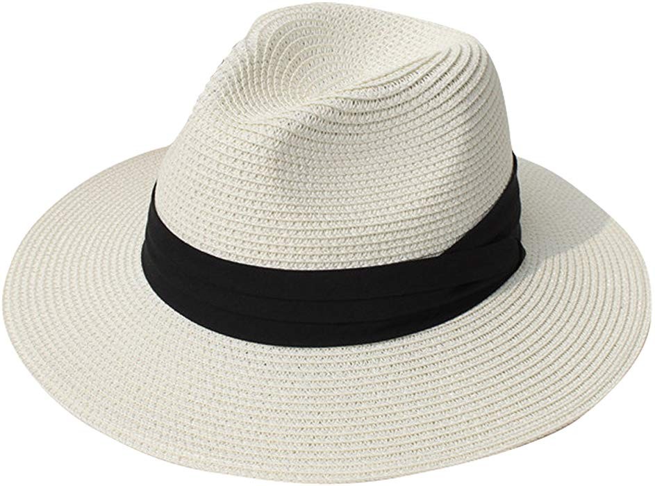 Womens UPF50 Foldable Summer Straw Hat Wide Brim Fedora Sun Beach hat | Amazon (US)