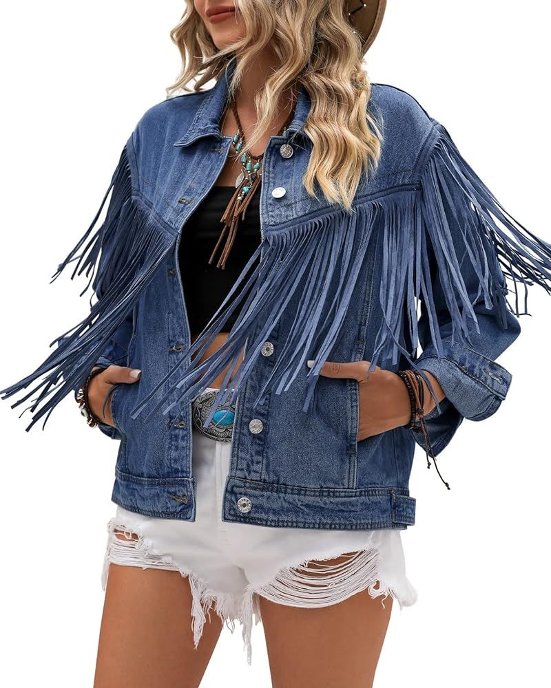 Vetinee Denim Jacket for Women Fringe Trucker Jean Jacket Distressed Western Cowgirl Shacket Jack... | Amazon (US)