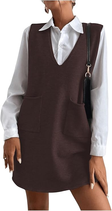 OYOANGLE Women's V Neck Sleeveless Knitted Solid Short Sweater Dress with Pockets | Amazon (US)