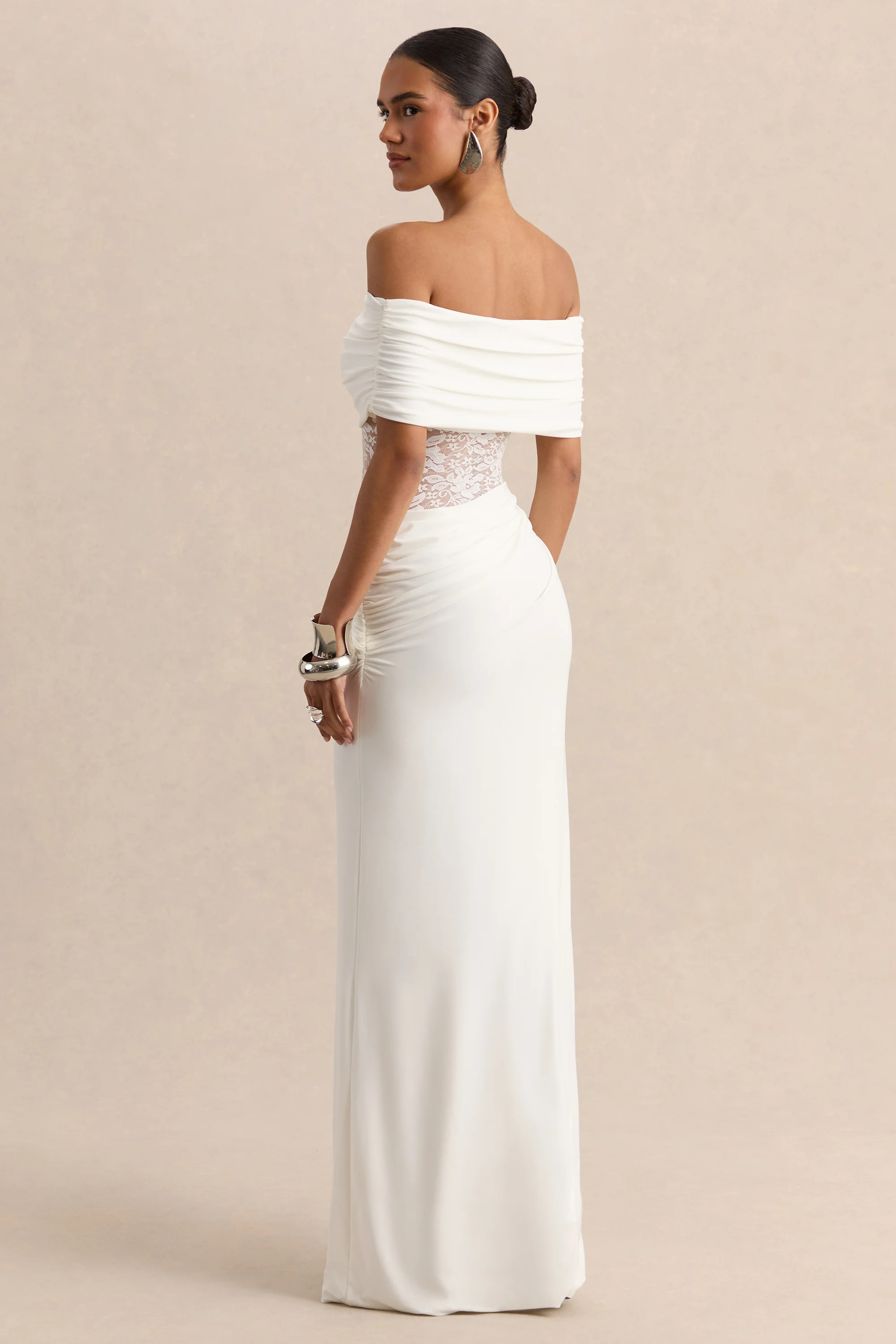 Forsya | White Bardot-Neck Maxi Dress With Lace-Detailing | Club L London