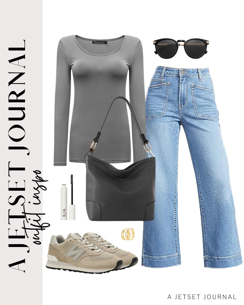 You can wear these New Balance 574 sneakers with a gray OThread & Co. long-sleeve top and Cicy Bell wide-leg jeans. This Montana West bag is perfect for this look together with these small hoop earrings. Finish the fit with ILIA - Limitless Lash Mascara. 

 #LTKSeasonal #LTKSaleAlert #LTKTravel