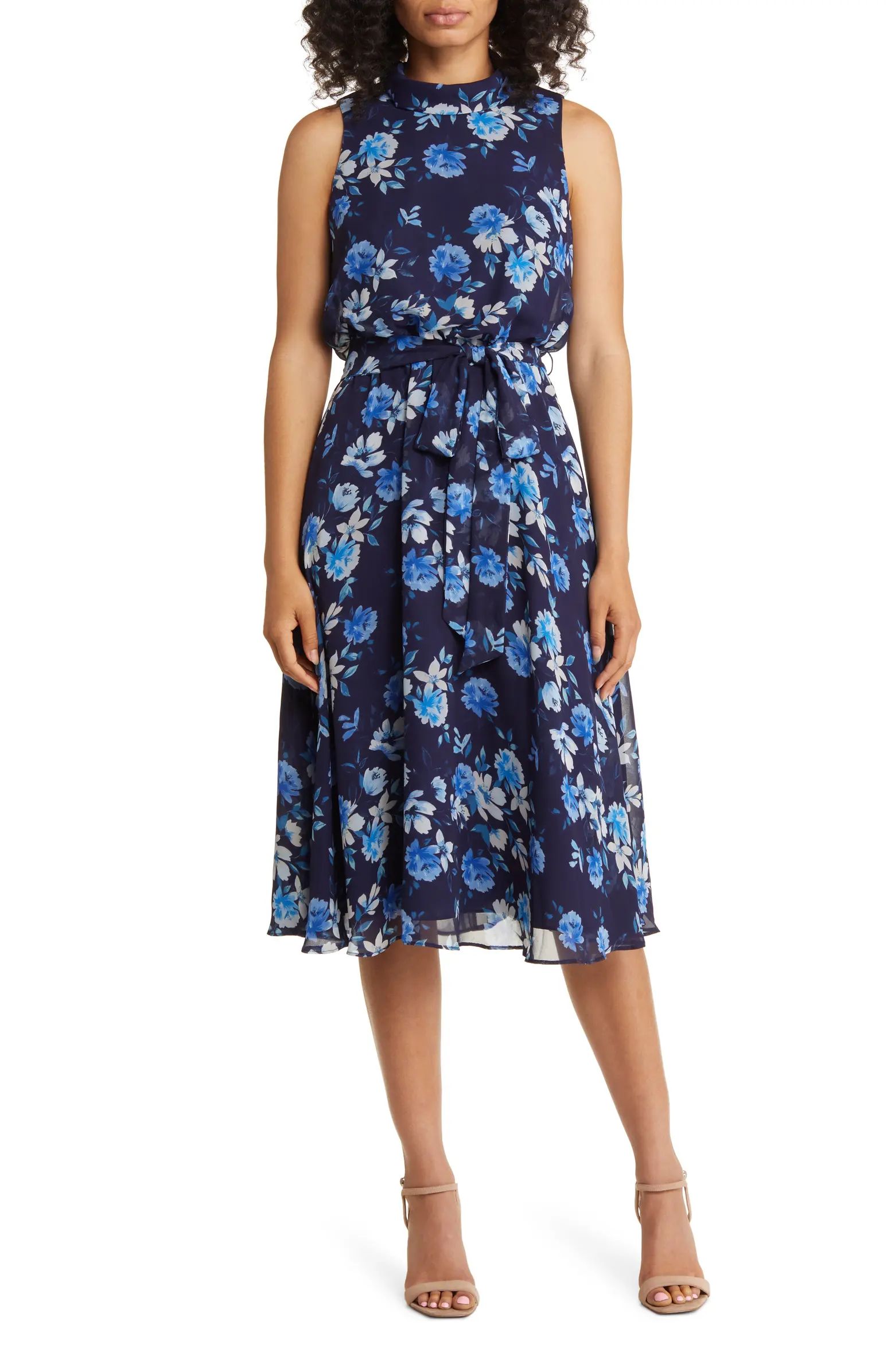 Floral Tie Belt Chiffon Sleeveless Dress | Nordstrom