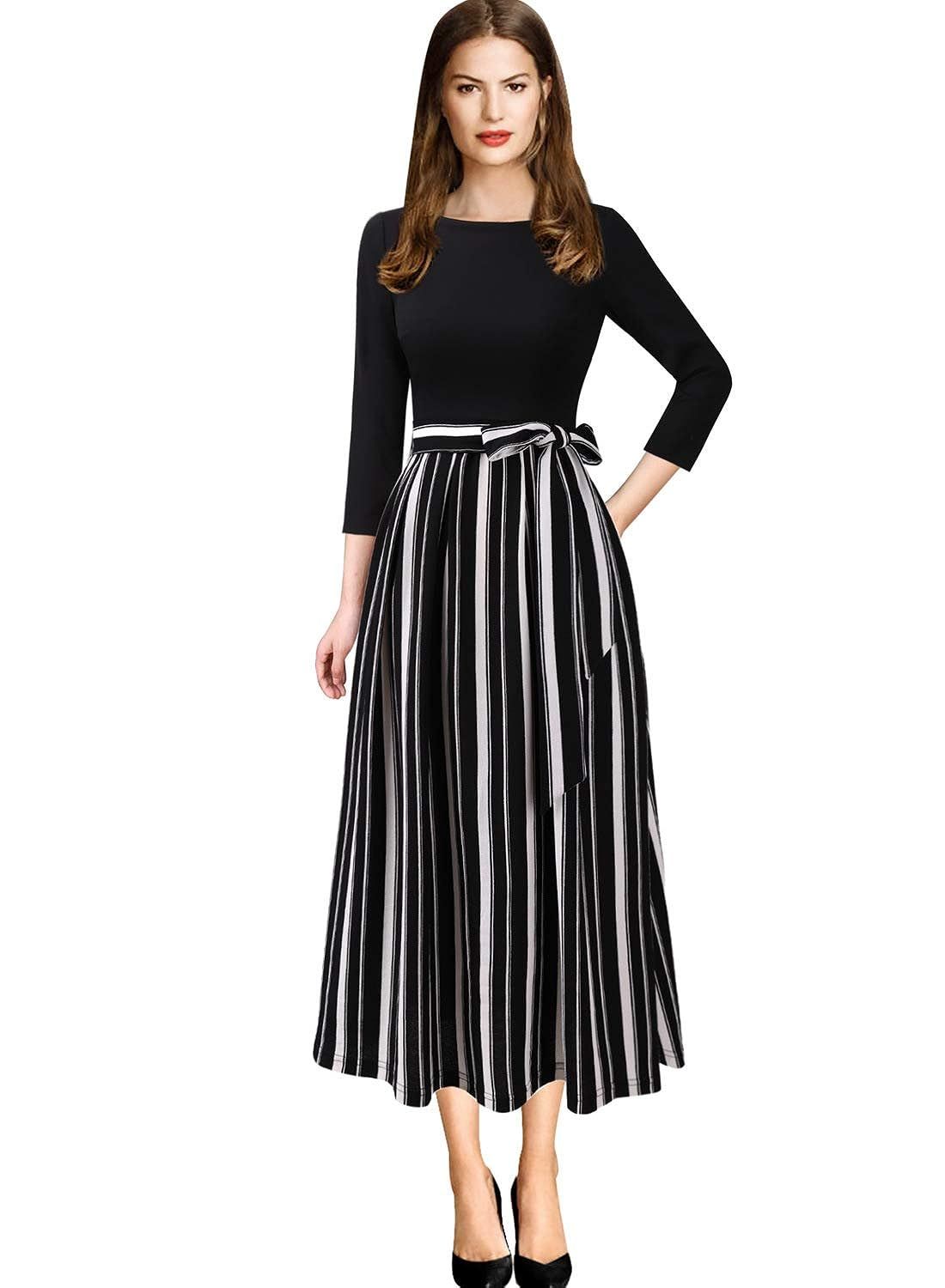 VFSHOW Womens Elegant Patchwork Pockets Print Work Casual A-Line Midi Dress | Amazon (US)