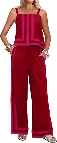 Tankaneo Womens 2 Piece Lounge Set Summer Casual Color Block Cami Top Wide Leg Pants Set Beach Va... | Amazon (US)