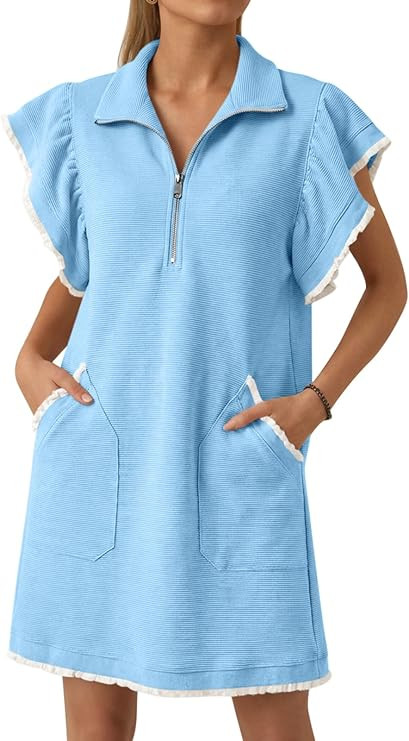 Cicy Bell Womens Ruffle Cap Sleeve Sweatshirt Dress Summer Oversized V Neck Quarter Zip Mini Dres... | Amazon (US)