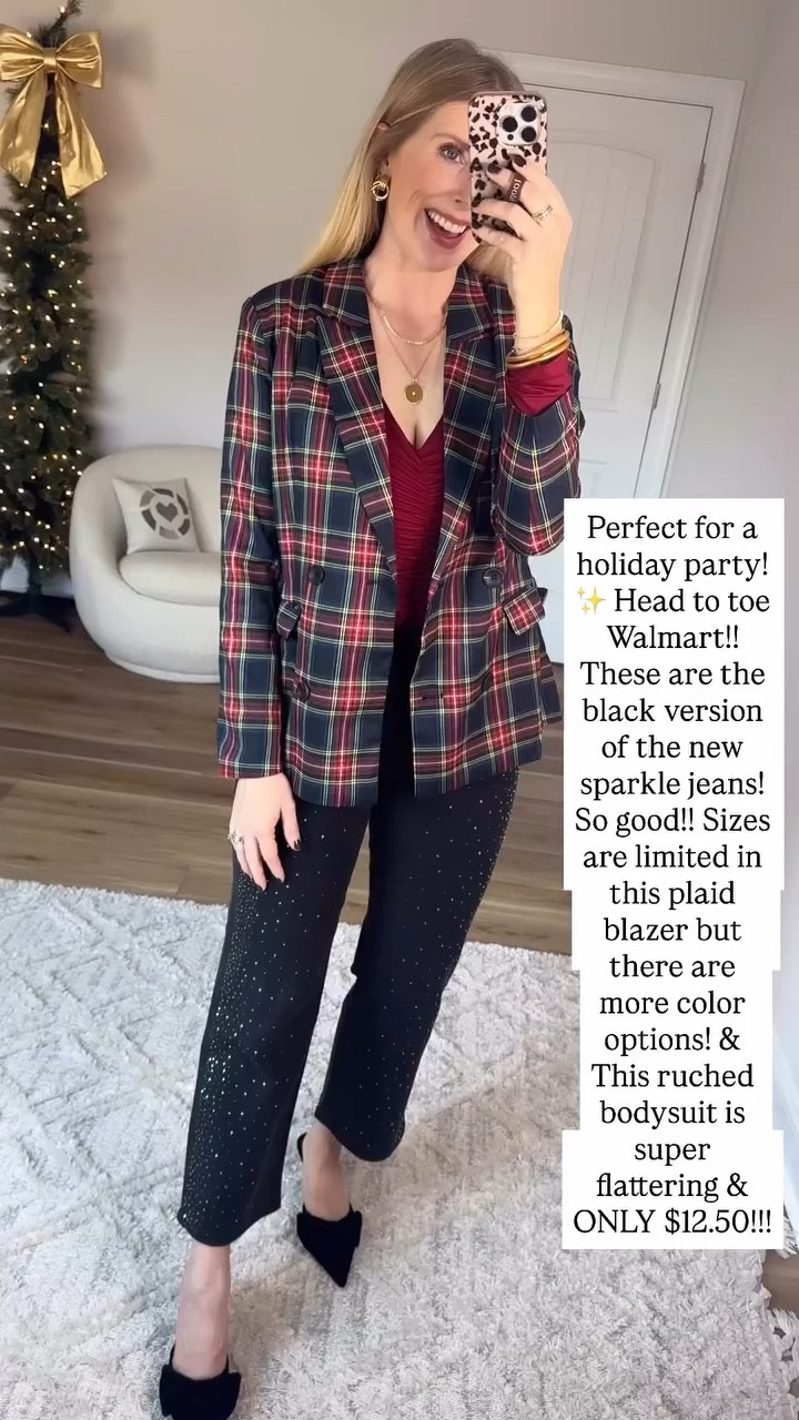 Walmart try on, plaid blazer, black sparkle jeans 

#LTKFindsUnder50 #LTKHoliday #LTKStyleTip