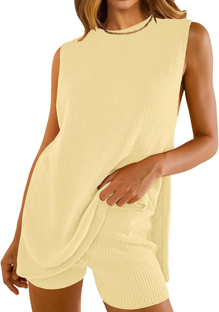 Womens 2024 Summer Knit Sweater Set 2 Piece Outfits Casual Sleeveless Sweater Tunic Top and Short... | Amazon (US)