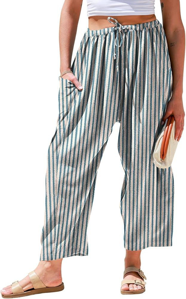 TARSE Womens Linen Wide Leg Pants Casual Loose Drawstring Summer 2025 Beach Travel Vacation Palaz... | Amazon (US)