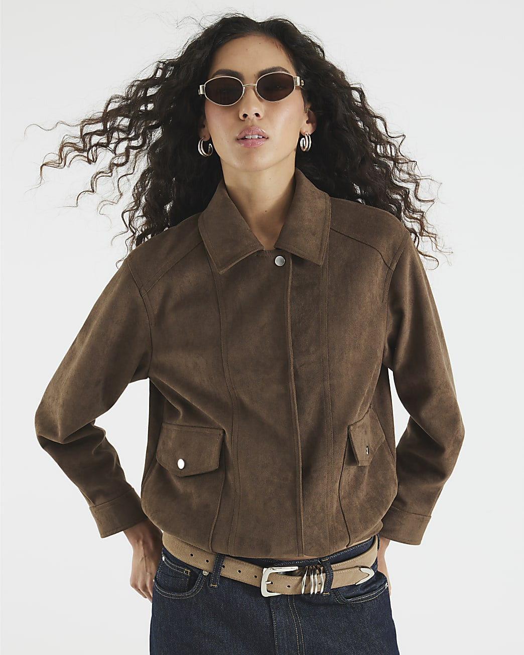Brown Faux Suede Collared Jacket | River Island UK & IE