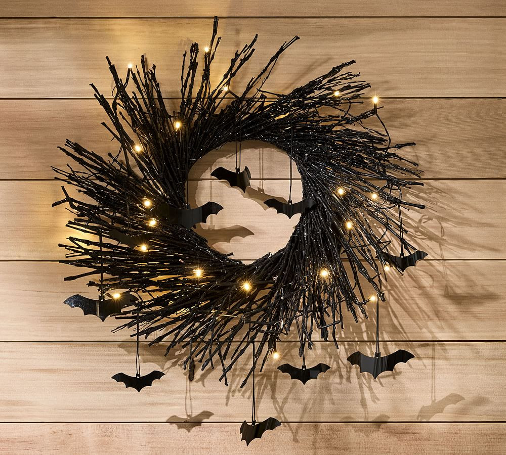 Pre-Lit Black Glitter Branch Wreath with Bats | Pottery Barn (US)