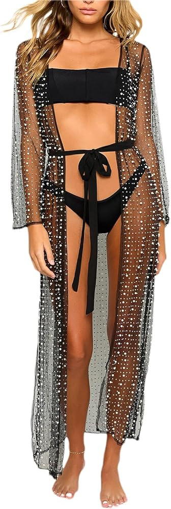 Sexy Women's Sheer Mesh Pearl Rhinestone Cover Up Dress Beach Sheer Mesh Bikini Cover Up | Amazon (US)
