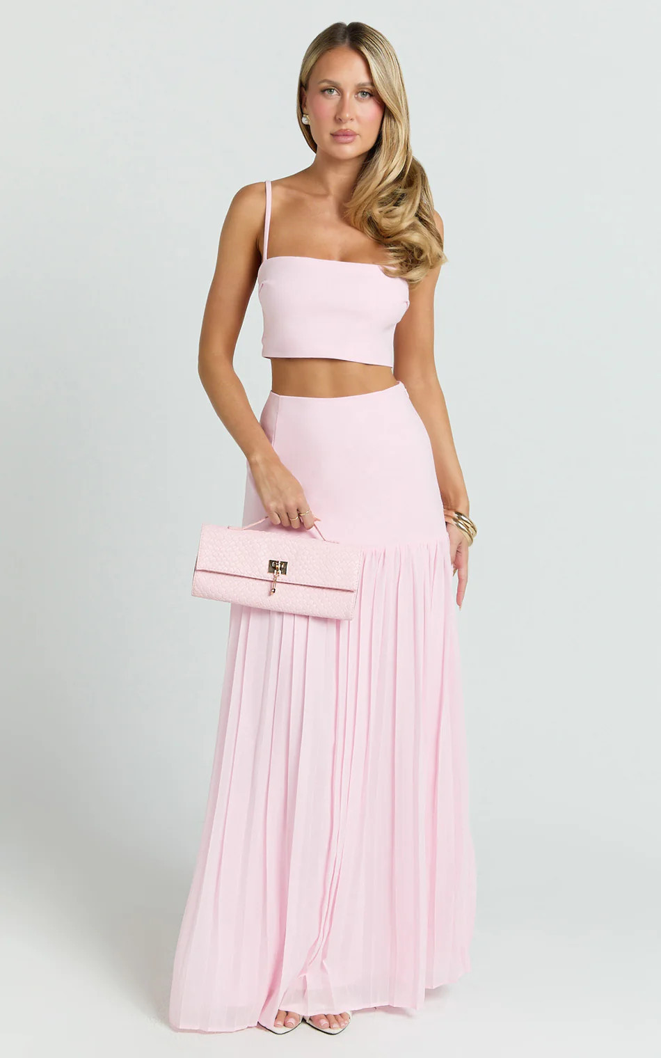 Rowan Two Piece Set - Square Neck Crop Top and High Waist Pleated Skirt Set in Pink | Showpo (ANZ)