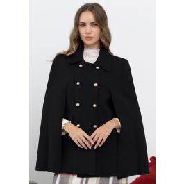 Stately Double-Breasted Collar Knit Cape Coat in Black | Chicwish