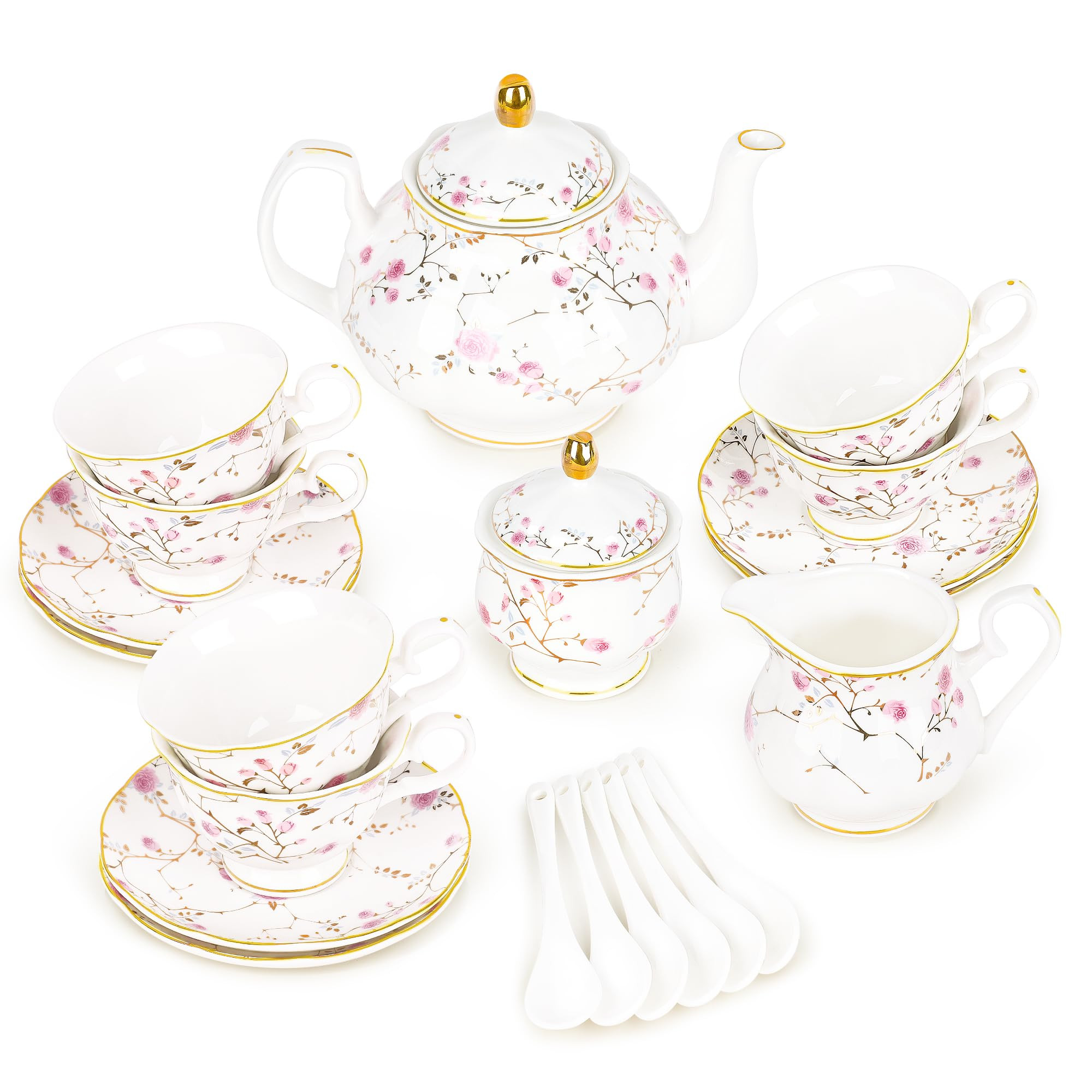 fanquare 21-Piece Gold Vine Floral Porcelain Tea Sets with Sugar Bowl Creamer Teacups, English Bo... | Amazon (US)