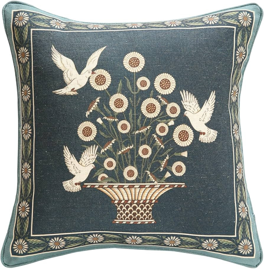 Green Throw Pillow Covers,French Farmhouse with White Birds and Flowers Pattern Linen Pillowcases... | Amazon (US)