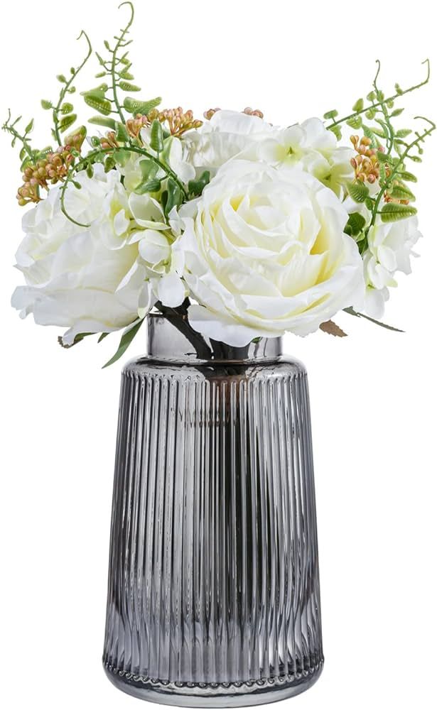 MyGift Modern Artificial White Roses with Stem Fake Flowers Bouquet with Gold Rim Vertical Ribbed Gr | Amazon (US)