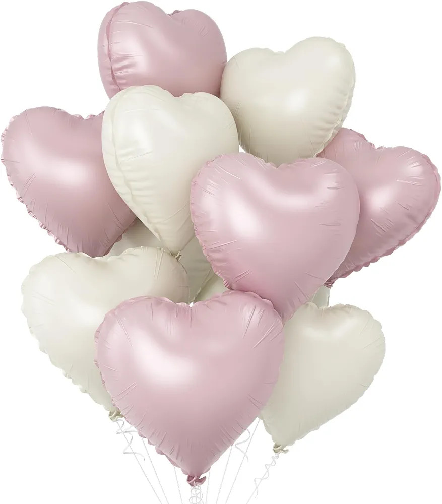 Globos de corazón rosa y blanco, 10 globos de aluminio color crema rosa bebé en forma de coraz... | Amazon (US)