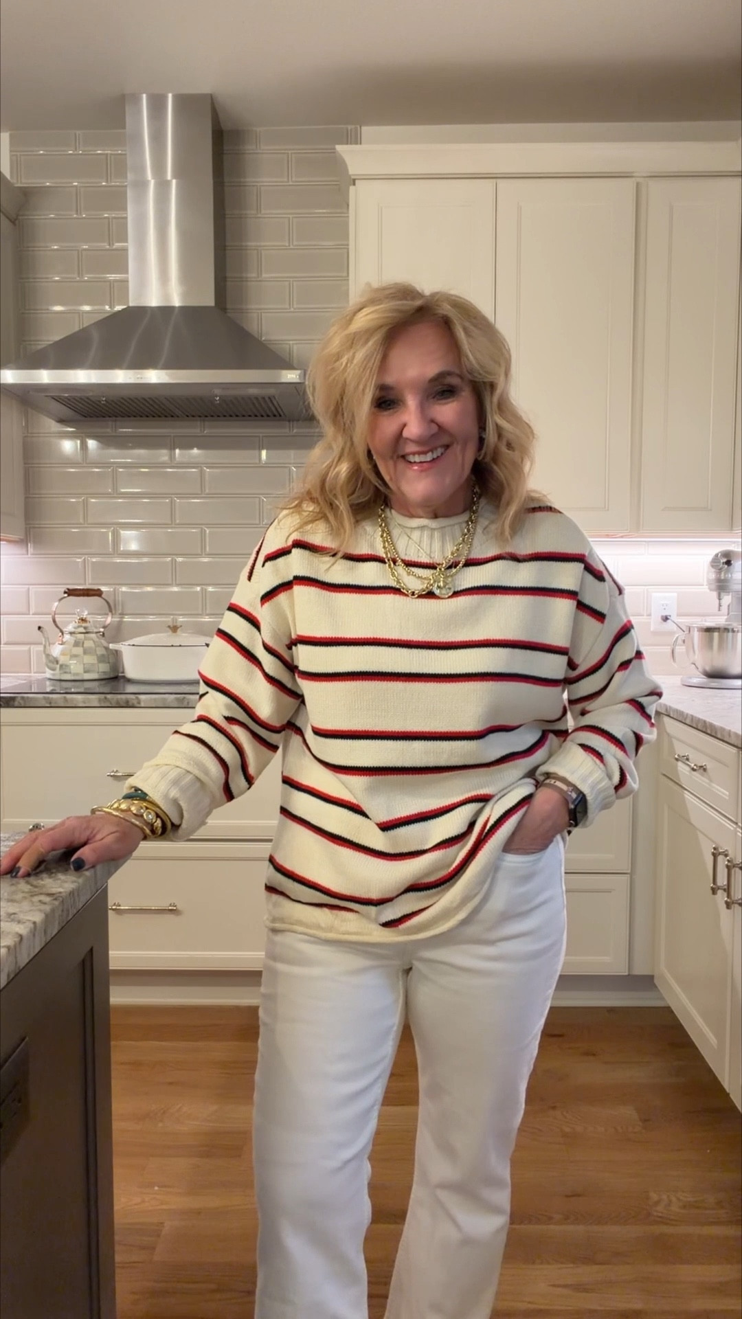 Amazon sweater inspired by JCREW 
This sweater the colors are fantastic. But it’s a polyester blend. No cotton. If you want 100% cotton order the original from JCREW. 
Jeans are ecru from spanx. Size up 2 sizes! I’m in a 12. Great tummy control and comfortable. Functional zipper and button  
20% off my jewelry code NANETTE20
#LTKOver40 #LTKFindsUnder100 #LTKPetite