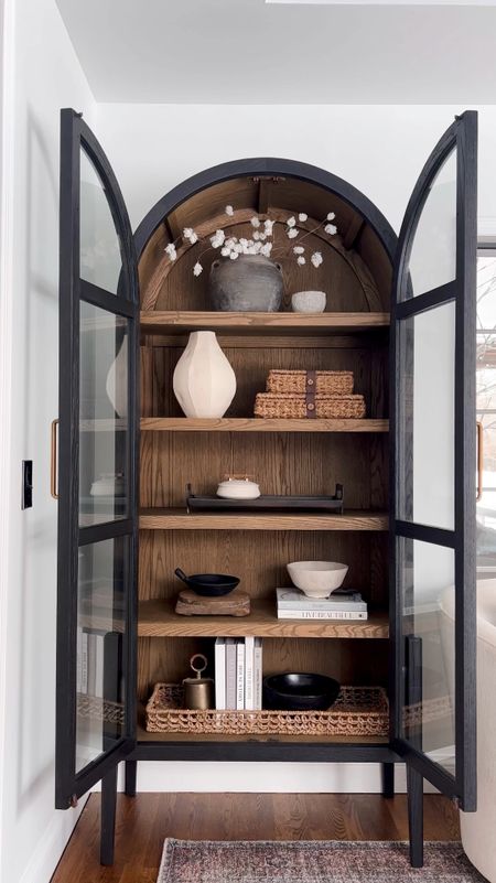Rustic modern display cabinet styling! Shelf styling, home accents , neutral home decor, 

#LTKVideo #LTKstyletip #LTKhome