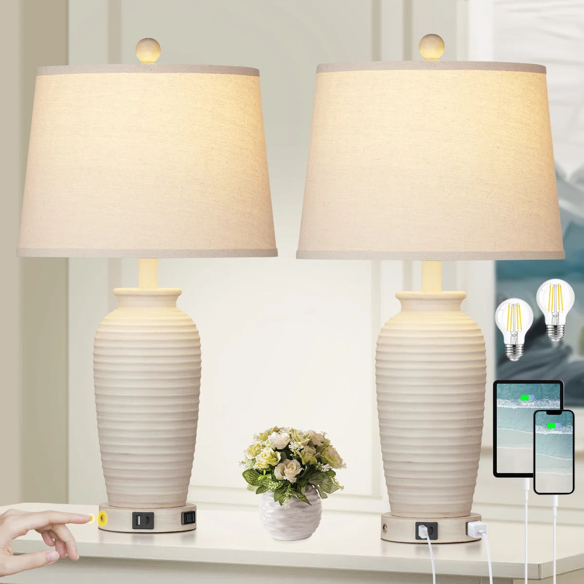 25" USB Bedside Table Lamp Set with Touch Control and Bulbs (Set of 2) | Wayfair North America