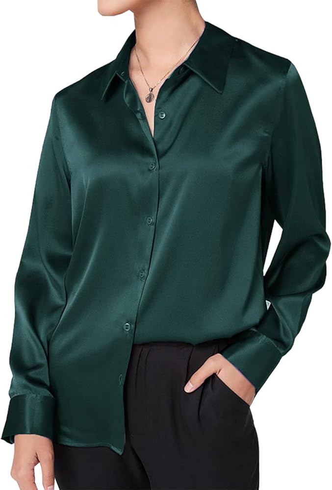 Women's Silk Shirts Long Sleeve Lady Shirt Casual Office Work Button Down Satin Blouse Tops 205 | Amazon (US)