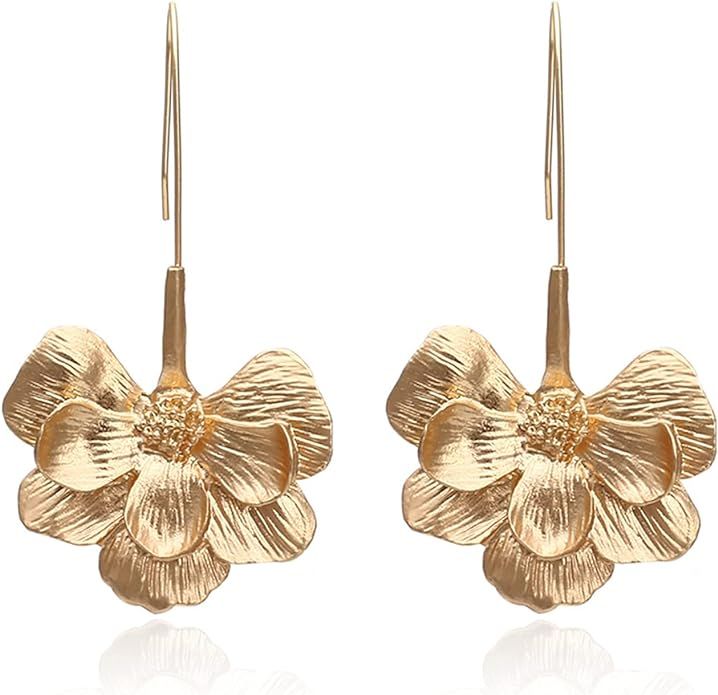 Bohemian Gold Elegant Flower Fashion Dangle Earring Flower Earrings Unique Chic 3D Large Flower J... | Amazon (US)