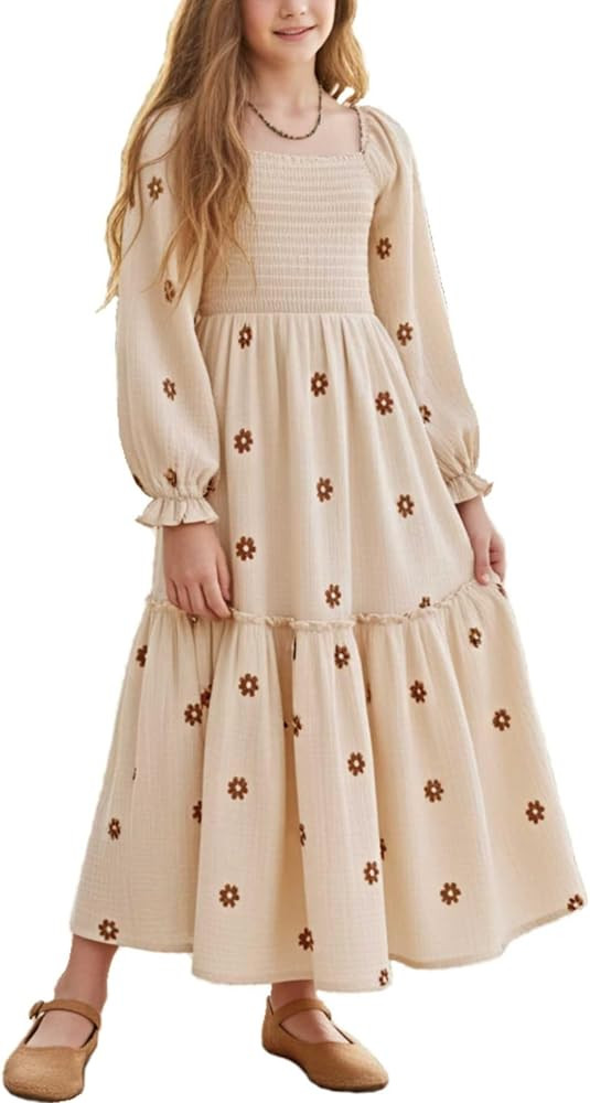 Sunny Spirit Girls Dresses Winter Maxi Tween Boho Floral Long Puff Sleeves Square Neck Embroidere... | Amazon (US)