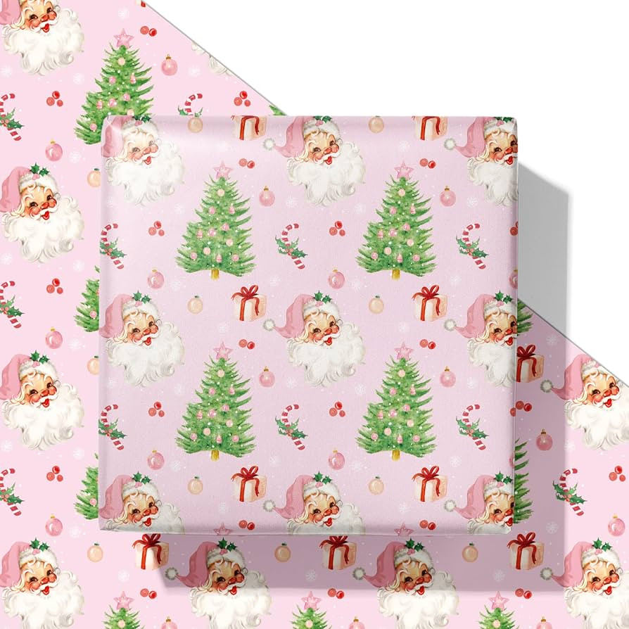 SaringSwoon Pink Christmas Santa Wrapping Paper - Vintage Xmas Gift Wrap with Santa Claus, Christ... | Amazon (US)