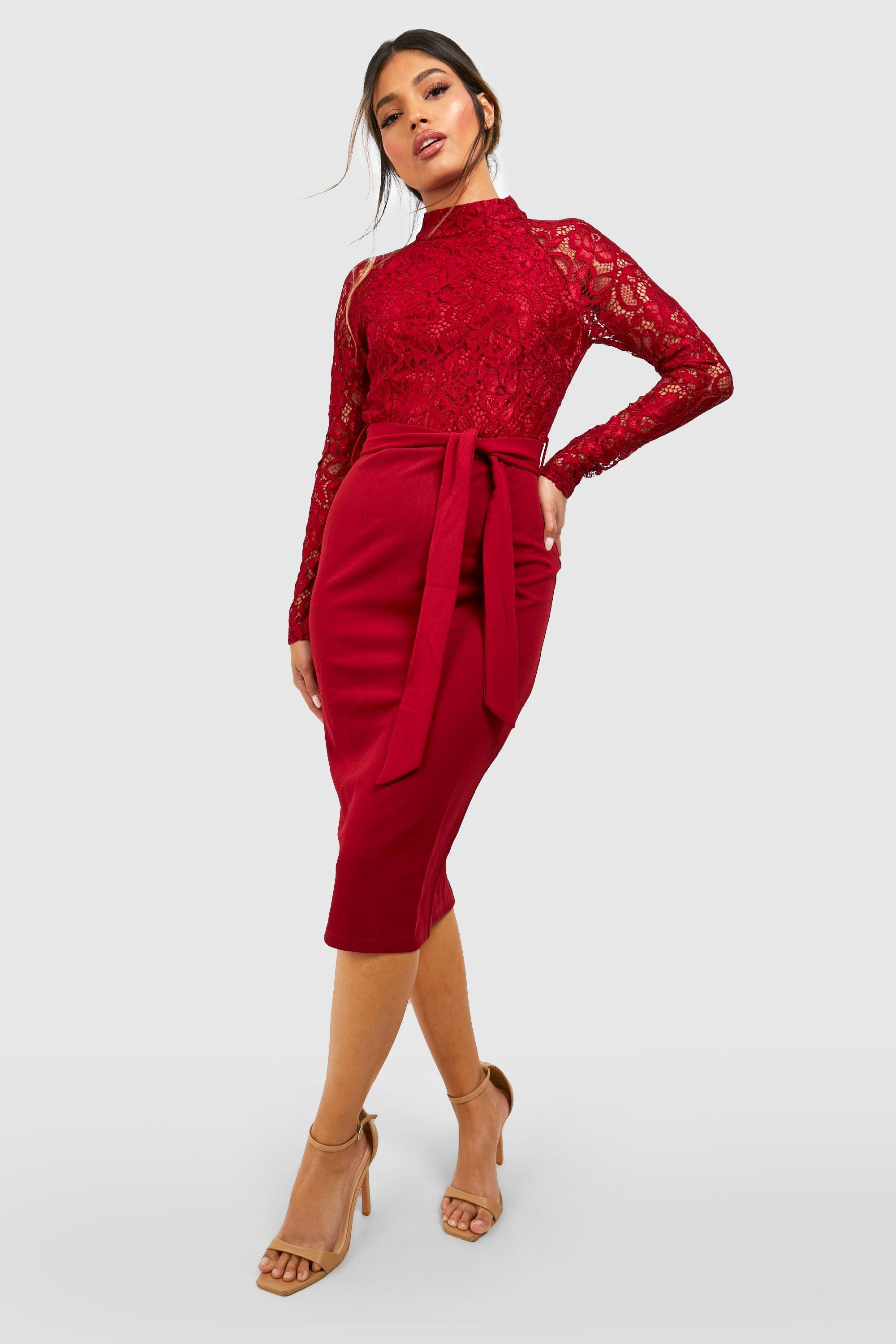 Womens High Neck Long Sleeve Lace Midi Dress - Red - 6 | Boohoo.com (US & CA)