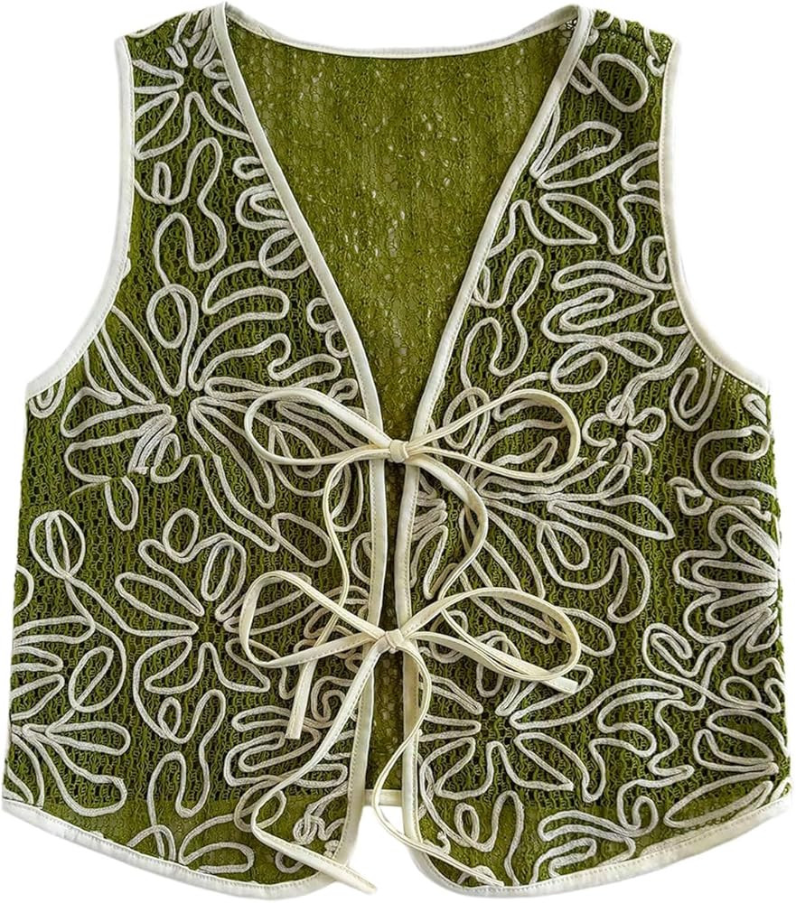 MakeMeChic Women's Boho Floral Vests Tie Front V Neck Contrast Binding Sleeveless Outwear Vest To... | Amazon (US)