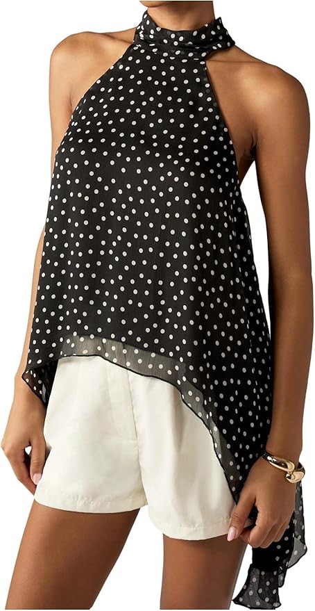 Verdusa Women's Halter Tank Tops Asymmetrical Sleeveless Dressy Casual Blouse Tunic Tops Loose Fi... | Amazon (US)