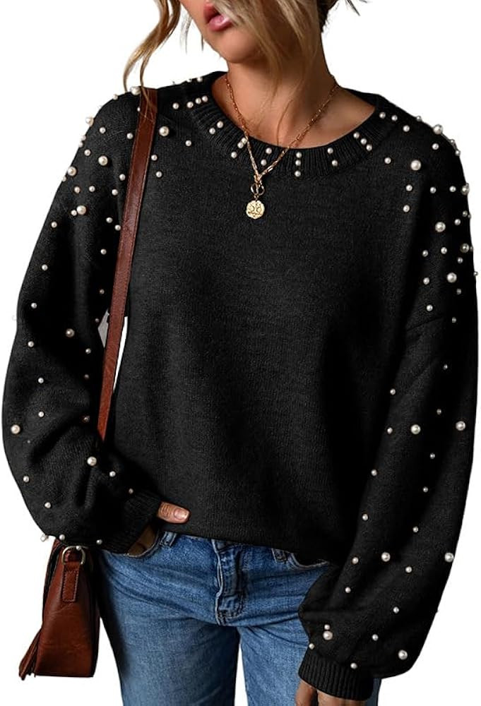 Pearl Sweater for Women Lantern Sleeve Drop Shoulder Crewneck Sweatshirt Knit Chunky Pullover Swe... | Amazon (US)