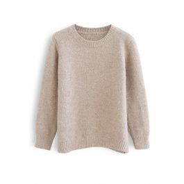 Ribbed Edge Round Neck Knit Sweater in Camel | Chicwish