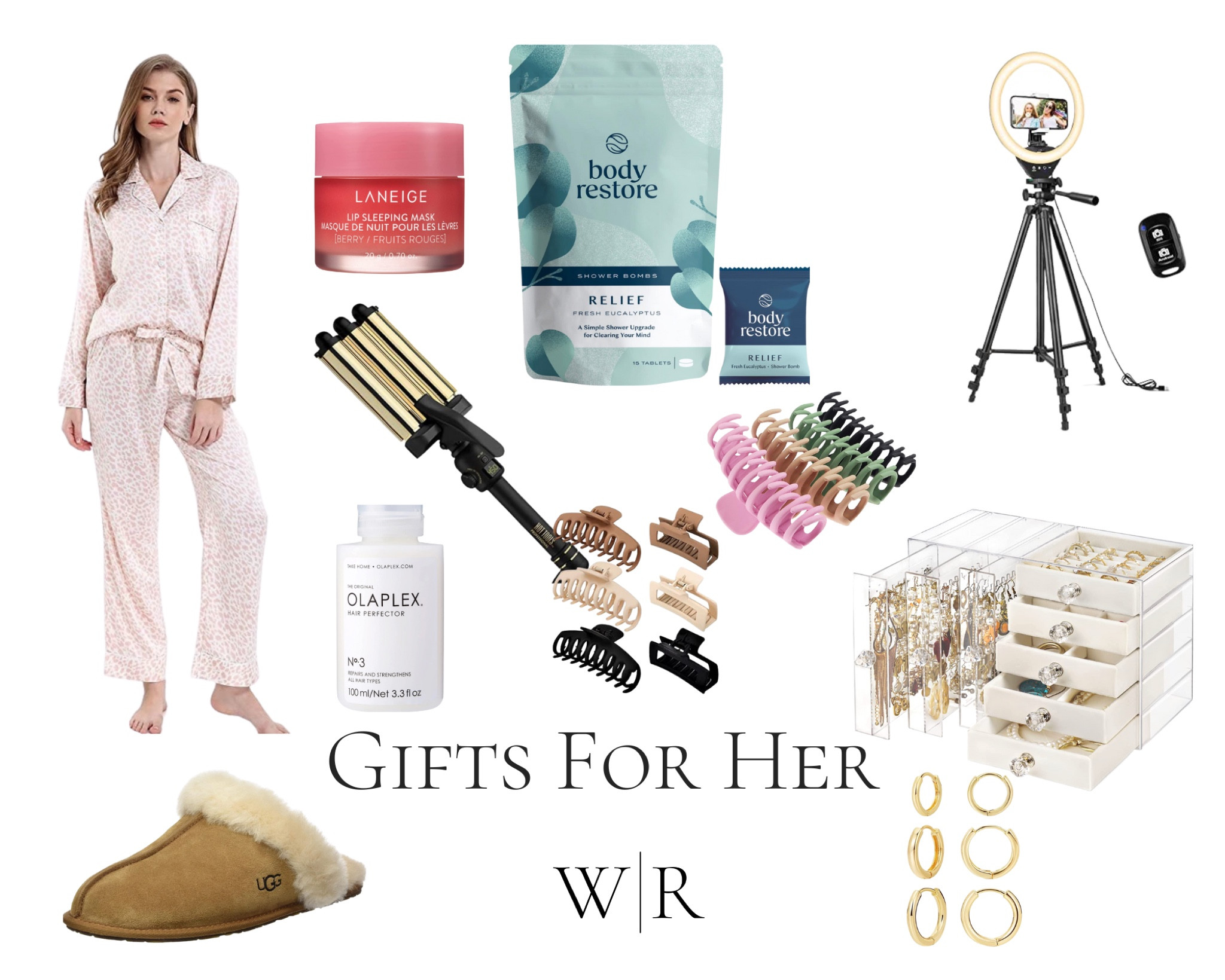 Satin Pjs, curling iron, Ugg slippers, gold earrings, hair clips, jewelry box, Ring light, bath bombs, lip mask, olaplaex.

#LTKGiftGuide #LTKHoliday #LTKsalealert