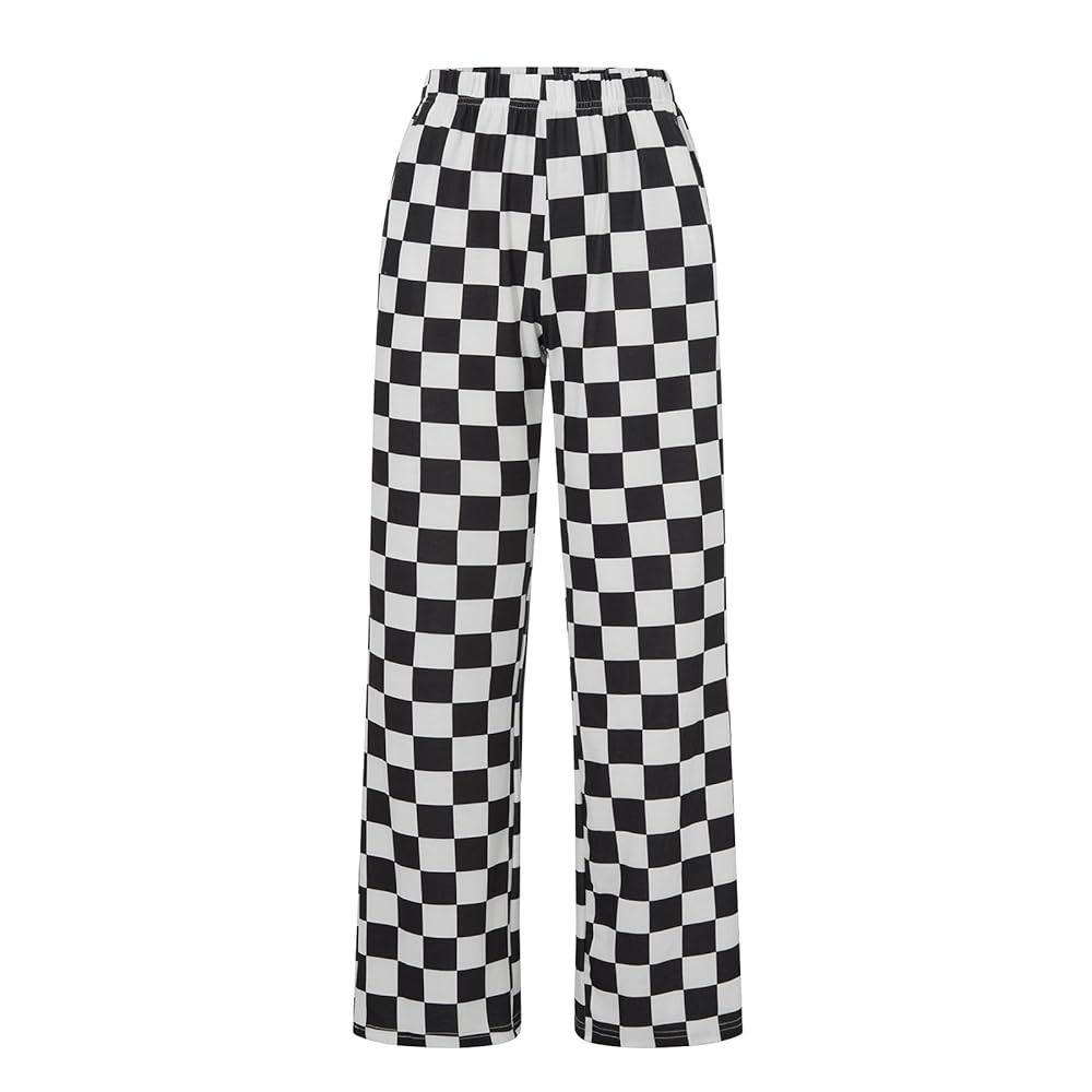 Women Wide-Leg Checkered Pant Y2K Elastic Waist Loose Trousers with Pockets Spring Summer Casual ... | Amazon (UK)