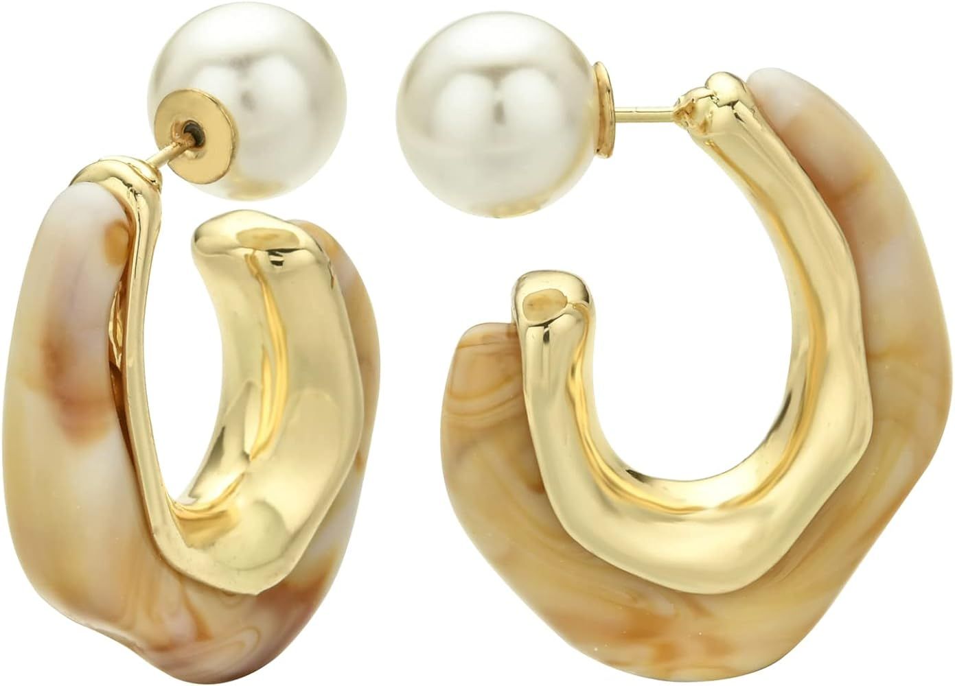 Acrylic Resin C Shape Open Hoop Earrings with Pearl Ball Back Hypoallergenic Double Sided Faux Pe... | Amazon (US)