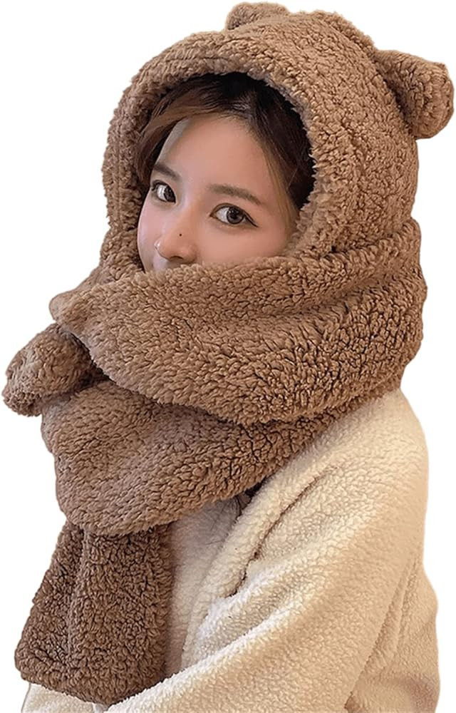 Women Kawaii Bear Ear Beanie Hat Scarf 2 in 1 - Cute Winter Warm Sherpa Thicken Fleece Fuzzy Japa... | Amazon (US)