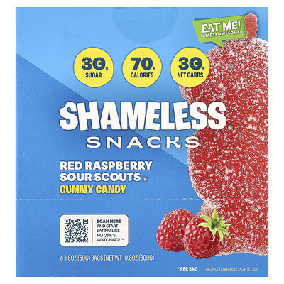 Shameless Snacks, Gummy Candy, Red Raspberry Sour Scouts®, 6 Bags, 1.8 oz (50 g) Each | iHerb