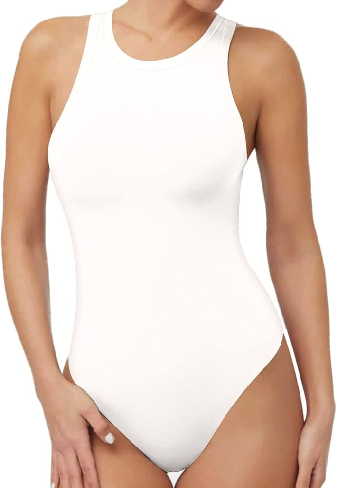 MANGOPOP Bodysuit for Women Scoop Neck Sleeveless Ribbed Racerback Tank Tops | Amazon (US)