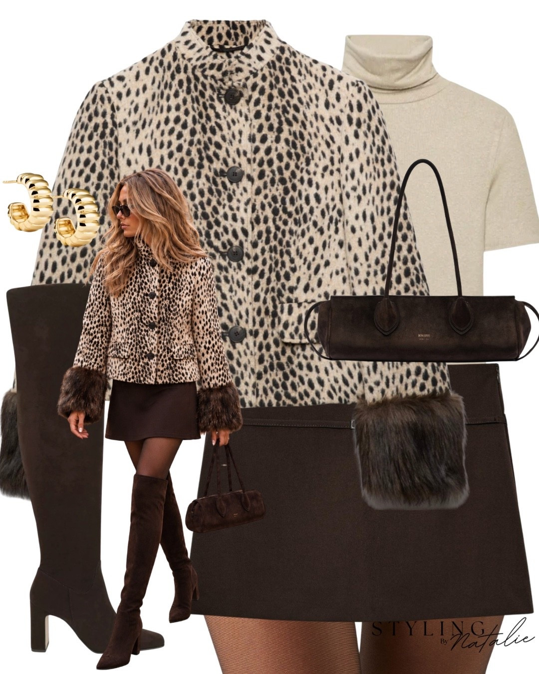 Animal print faux fur cuff button up jacket, short sleeve turtleneck top, brown skort, tights and brown knee high boots, Steve Madden, Zara, fur trim, casual chic, weekend look, date night look, leopard print, marks and Spencer, autumn outfit, evening look, fall fashion, winter jacket. @Mejuri @Steve Madden US @Zara